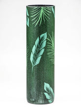 Load image into Gallery viewer, Glass vase for flowers | Cylinder Vase | Interior Design | Home Decor | Large Floor Vase 16 inch | Tropical leaves decorated vase
