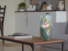 Load image into Gallery viewer, Handpainted Glass Vase for Flowers | Strelitzia Painted Art Glass Oval Vase | Interior Design Home Decor 12 inch.
