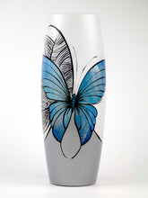 Load image into Gallery viewer, Blue butterfly floor Vase |  Large Handpainted Glass Vase for Flowers | Room Decor | Floor Vase 16 inch
