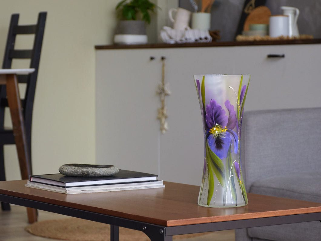 Handpainted Glass Vase for Flowers | Voilet Painted Art Glass Vase | Interior Design | Table vase 12 inch