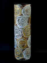 Load image into Gallery viewer, Gold and white roses decorated vase | Glass vase for flowers | Cylinder Vase | Interior Design | Home Decor | Large Floor Vase 16 inch
