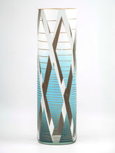 Load image into Gallery viewer, Blue rhombus decorated  glass vase | Glass vase for flowers | Cylinder Vase | Interior Design | Home Decor | Large Floor Vase 16 inch
