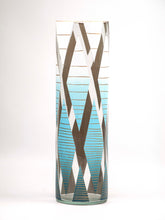 Load image into Gallery viewer, Blue rhombus decorated  glass vase | Glass vase for flowers | Cylinder Vase | Interior Design | Home Decor | Large Floor Vase 16 inch
